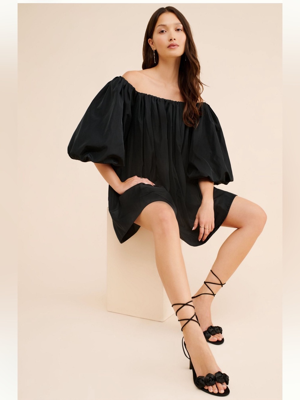 NWT Anthropologie Mare Mare Off-the-Shoulder Black Mini Dress with Puff Sleeves - Picture 2 of 6